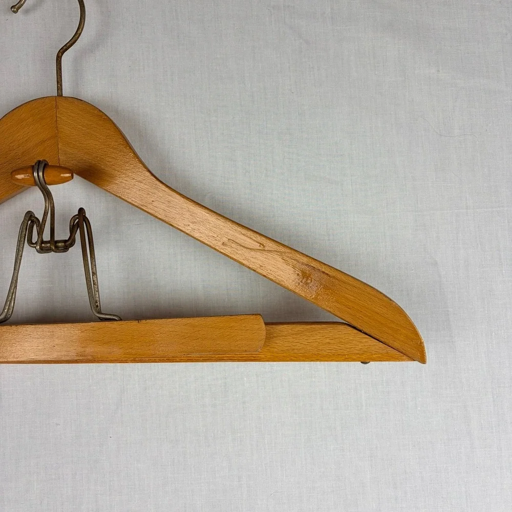 Vintage Wooden Suit Hanger with Spring Tension Trouser Bar Honey Brown Wood
